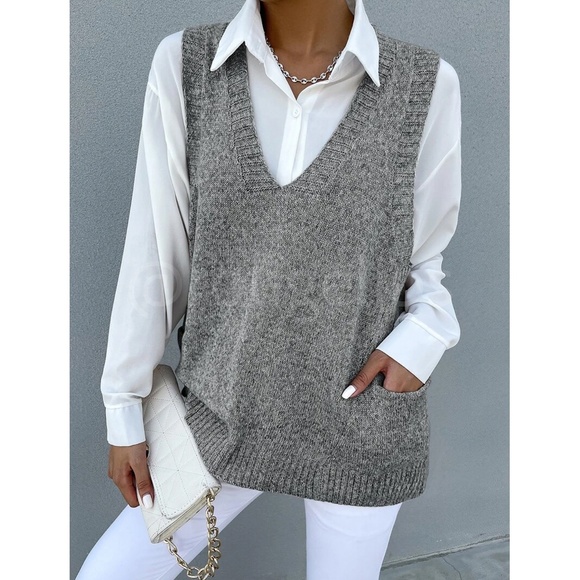 Marled Knit Oversized Sweater Vest Grey V-Neck Front Pockets - Picture 1 of 8